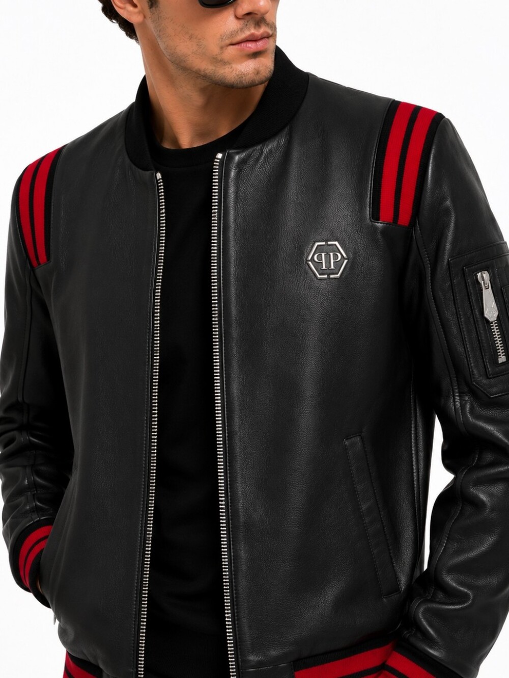 Philipp Plein Leather Bomber Skull Jacket Black Calf Leather Men's Large